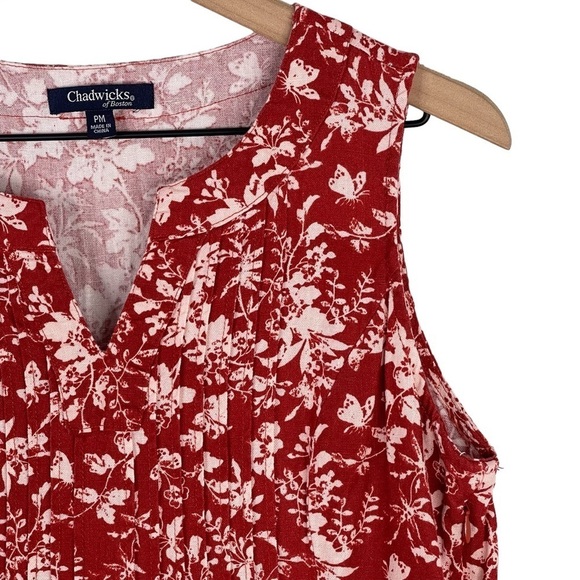 Chadwicks of Boston Dress Medium PETITE Red Floral Print Washable Linen Midi - Picture 4 of 9
